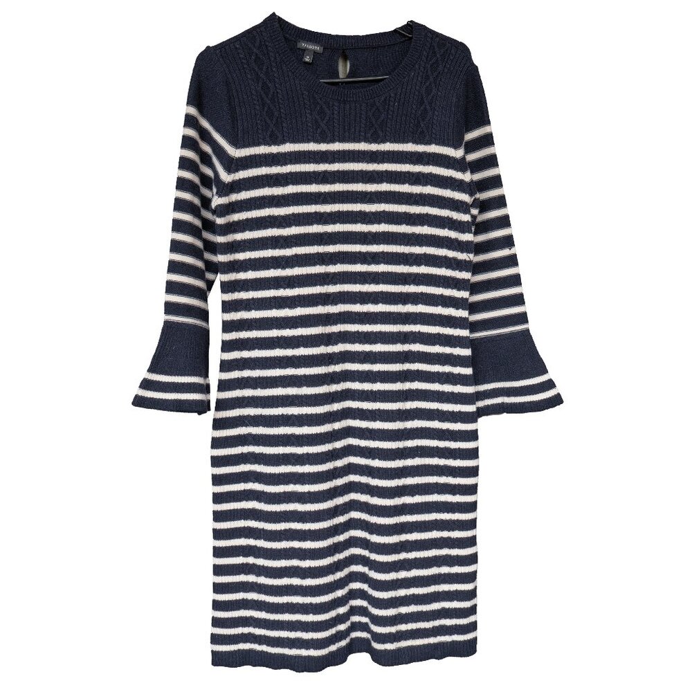 TALBOTS Bell Sleeve Dress Striped Navy Blue Cable Knit Twee Preppy 3/4 Sleeve
